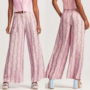 LoveShackFancy NWT Pink Floral Crepe Montel Wide Leg Pants - 4